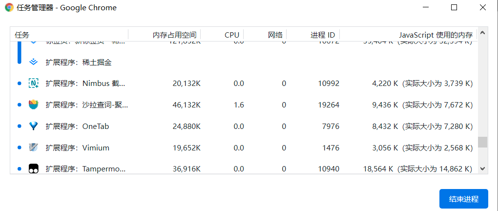 浏览器任务管理器界面